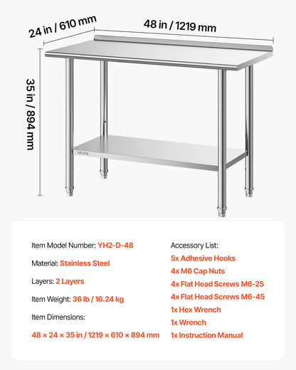 VEVOR Stainless Steel Work Table, 24x48 inch Food Prep Table with Wheels, Commercial Kitchen Workstation with Adjustable Undershelf, Metal Heavy Duty Utility Worktable, for Restaurant Home Outdoor