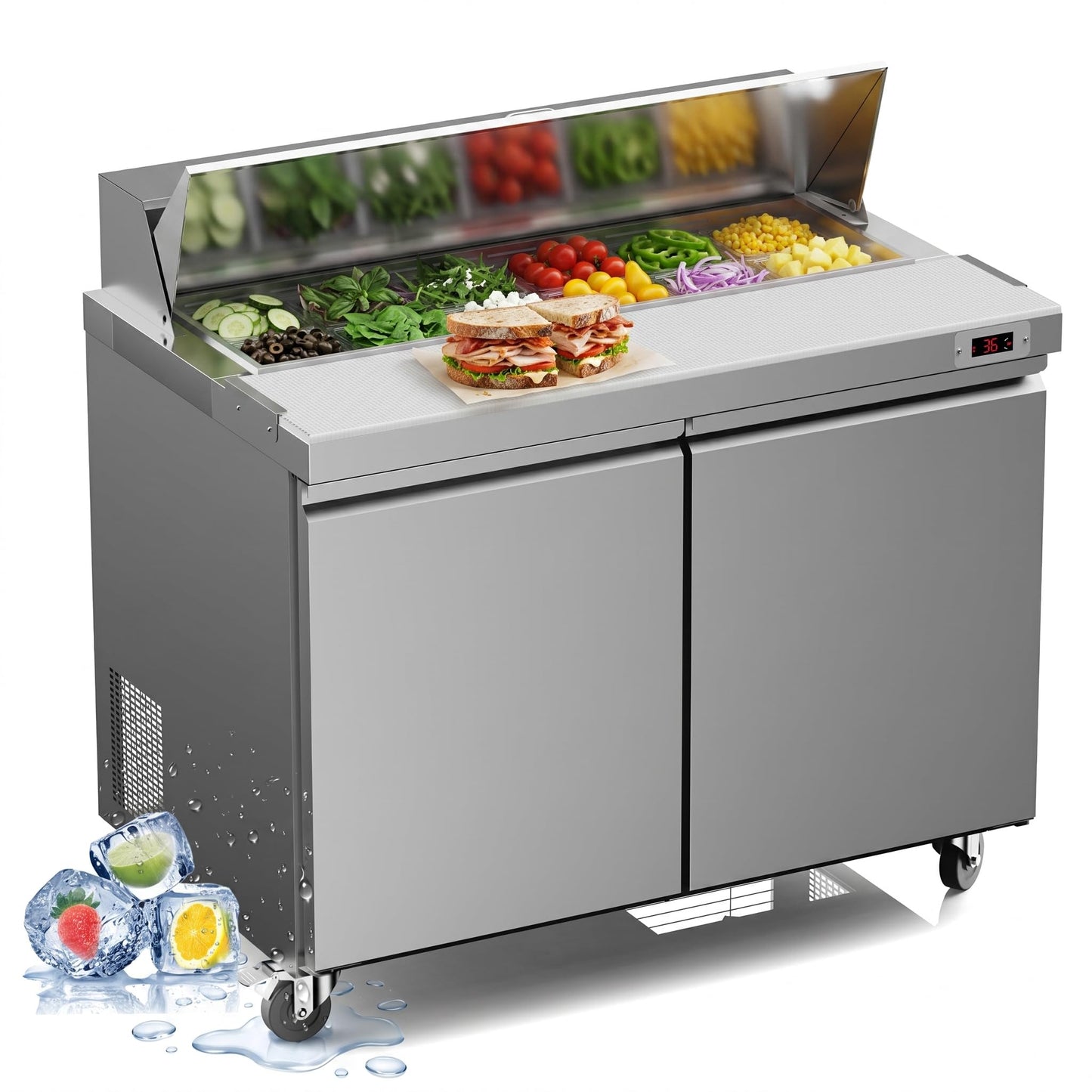 FreezLabs 48“ Commercial Refrigerator Sandwich&Salad Prep Table Fridge with 12 Pans 2 Door Stainless Steel Counter Fan Cooling Refrigerators