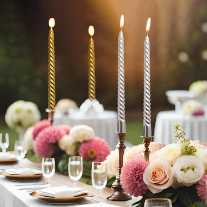 10 Inch Spiral Taper Candles Set for Christmas, 6 Gold and 6 Silver Unscented Twisted Candlesticks, Dripelss Thin Tapered Candles for Holiday Party Decoration