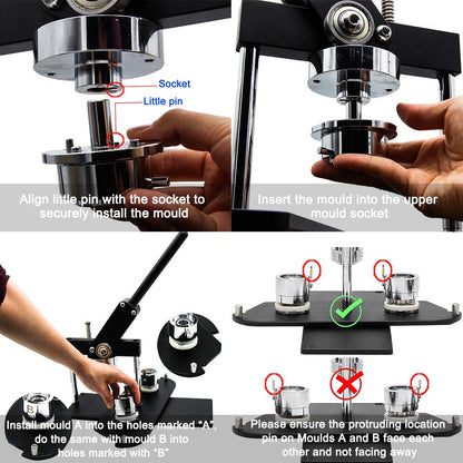 ChiButtons Button Maker Kit 44mm (1 3/4") Badge Press Machine-B400 + 44mm Round Die Moulds + 100 Set Pin Button Components + Adjustable Circle Cutter (Black-New)