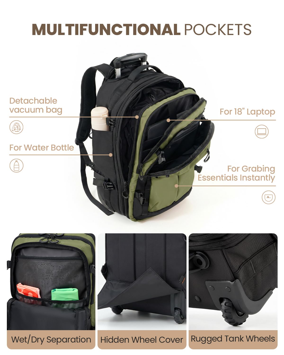 Fanwoli Rolling Vacuum Backpack Travel with One-Button Compression, 55L Expandable, Water Resistant Carry-On Suitcase Luggage, Ideal for Outdoor/Family/Trips