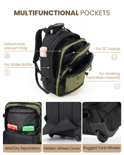 Fanwoli Rolling Vacuum Backpack Travel with One-Button Compression, 55L Expandable, Water Resistant Carry-On Suitcase Luggage, Ideal for Outdoor/Family/Trips