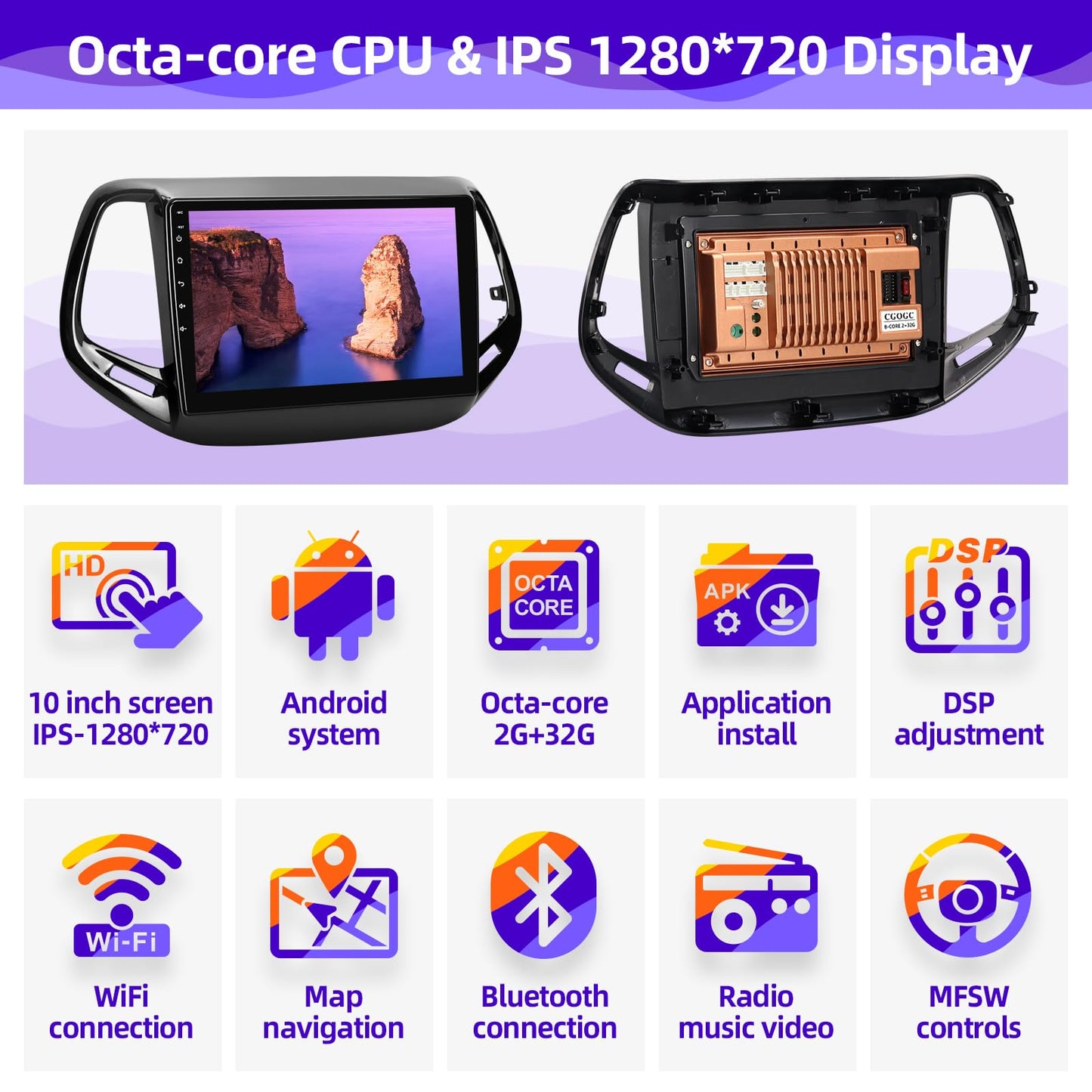 CGOGC for Jeep Compass 2017-2020 Radio Compatible with Wireless Carplay Android Auto TouchScreen Car Stereo Upgrade Bluetooth GPS FM/AM WIFI Navigation Backup Camera Multimedia Player 8-Core Head Unit