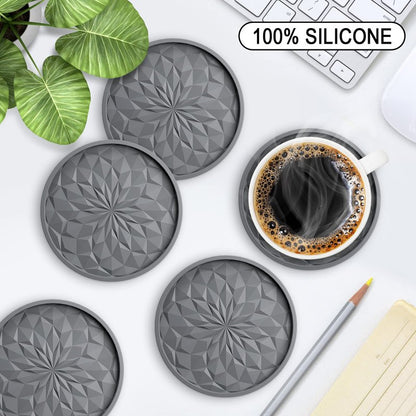 ME.FAN Silicone Coasters with Holder,[6 Pack] Drinking Coasters - Cup Mat for Hot or Cold Drinks, Thickened, Non-Slip, Non-stick,Deep Tray Dark Grey