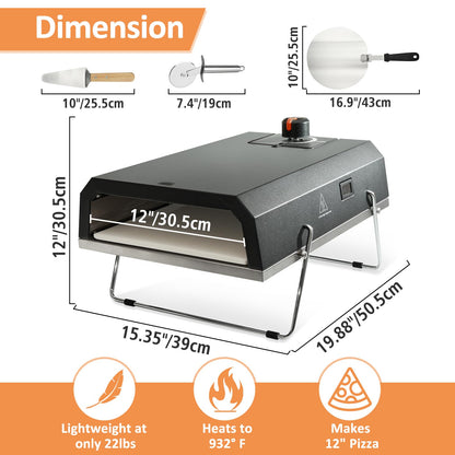 AJinTeby Outdoor Gas Pizza Oven, Portable Propane Pizza Maker with Stone Baffle Door Peel and Cutter Gas Cooker, Pizza Grilling Stove for Outdoor Indoor Kitchen, Grey