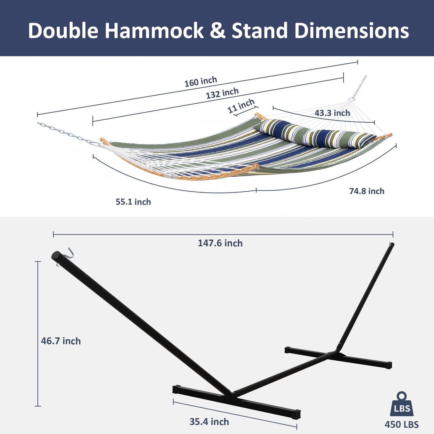 SUNCREAT Hammocks for Outside with Stand Included, Double Hammock with Curved Spreader Bar, Carrying Bag, Dark Green Stripes