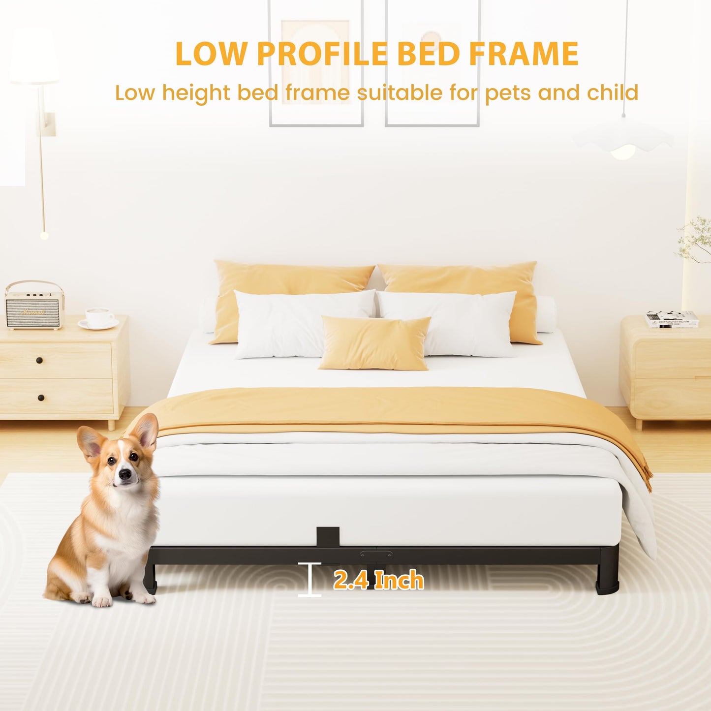 Superay 4 Inch Queen Bed Frame Low Profile, Heavy Duty Metal Platform Bed Frame with Round Corner Legs, Sturdy Mattress Foundation, No Box Spring Needed, Easy Assembly, Noise Free, Black