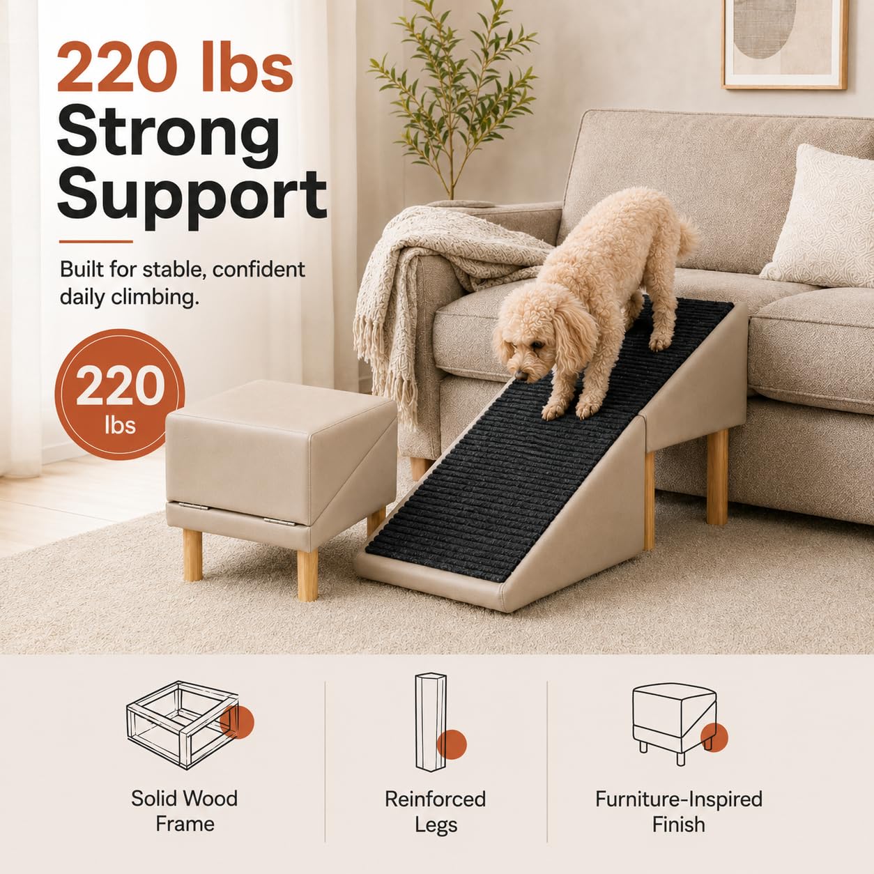 Dog Ramp for Couch, 16" H × 16" W 2-in-1 Split Ottoman Dog Stairs, Foldable Wooden Pet Ramp with 23° Gentle Incline & Non-Slip Surface, Pet Steps for Senior Small Medium Large Dogs (Off-White)