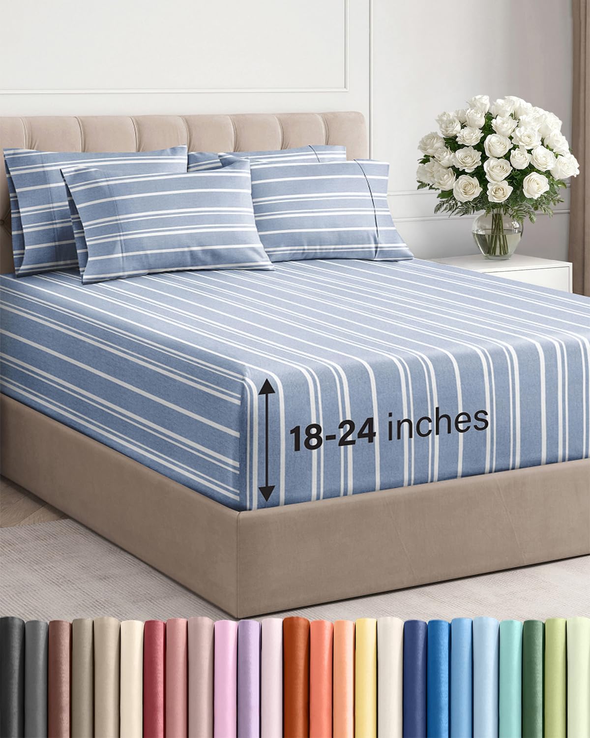 Skiennix Extra Deep King Sheet Set - 6-Piece Breathable Cooling Bedding - Luxury Soft & Wrinkle-Free - Blue Stripes