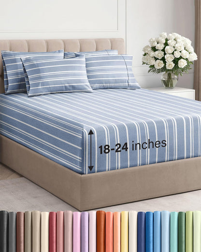 Skiennix Extra Deep King Sheet Set - 6-Piece Breathable Cooling Bedding - Luxury Soft & Wrinkle-Free - Blue Stripes