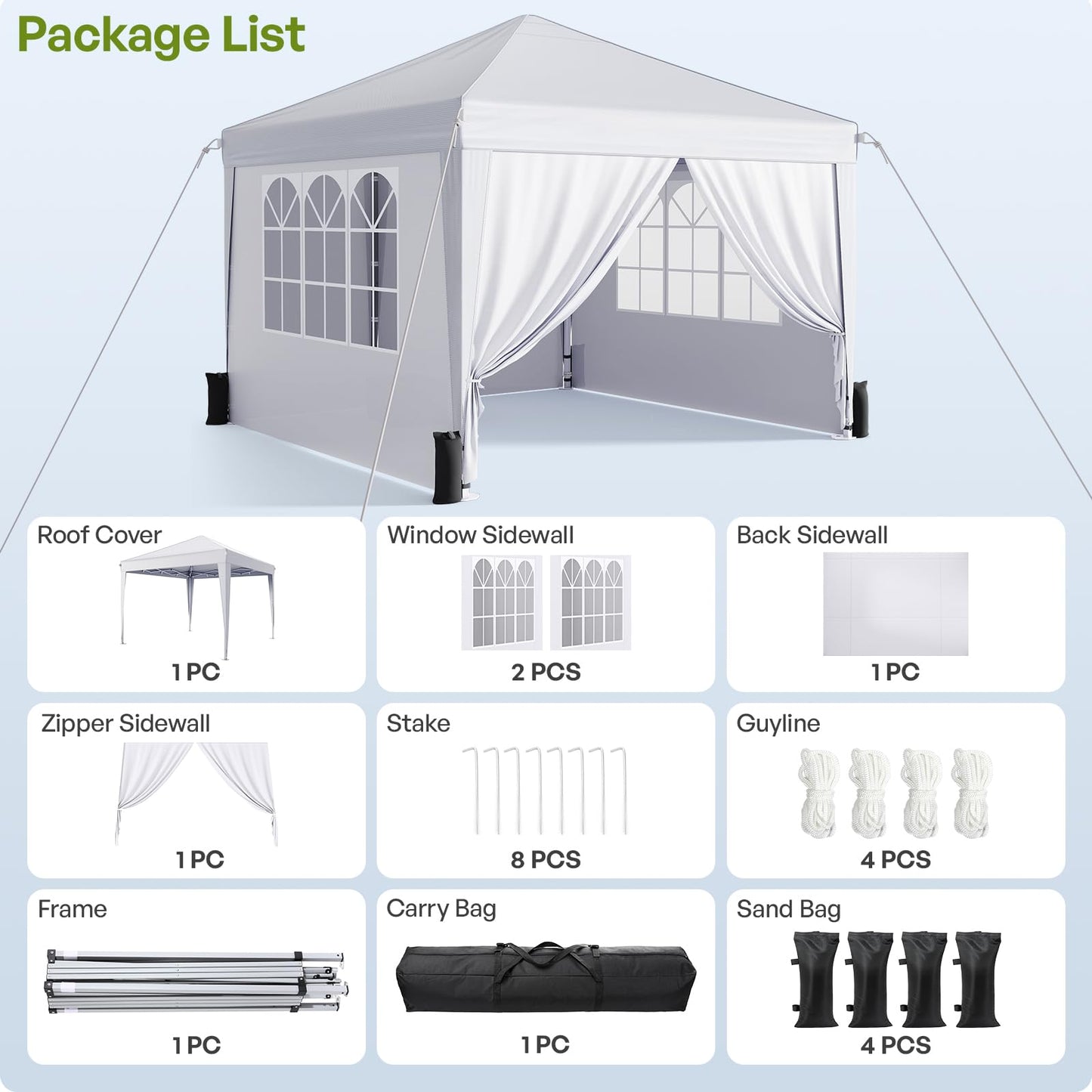 Vinabilia 10x10 Pop Up Canopy with Sidewalls, Instant Portable Canopy Tent with Carry Bag for Commercial Events, Camping, Parties - White