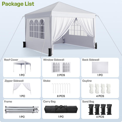 Vinabilia 10x10 Pop Up Canopy with Sidewalls, Instant Portable Canopy Tent with Carry Bag for Commercial Events, Camping, Parties - White