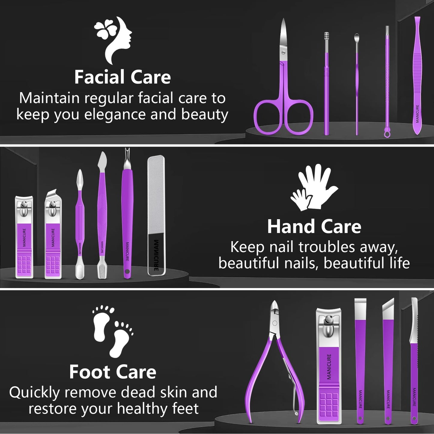Manicure Set 16Pcs Professional Stainless Steel Pedicure Kit Mens Grooming Kit Fingernail & Toenail Clippers Set Manicure Kit with Luxurious Travel Bag, Sharp Nail Scissors and Clipper (Purple)