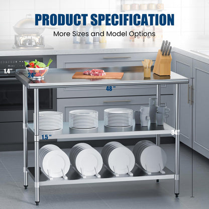 Chingoo Stainless Steel Work Table 24x48 Inch with 2 Adjustable Undershelves & Backsplash, Heavy-Duty Prep Table for Commercial Kitchen, Restaurant, Garage, Outdoor