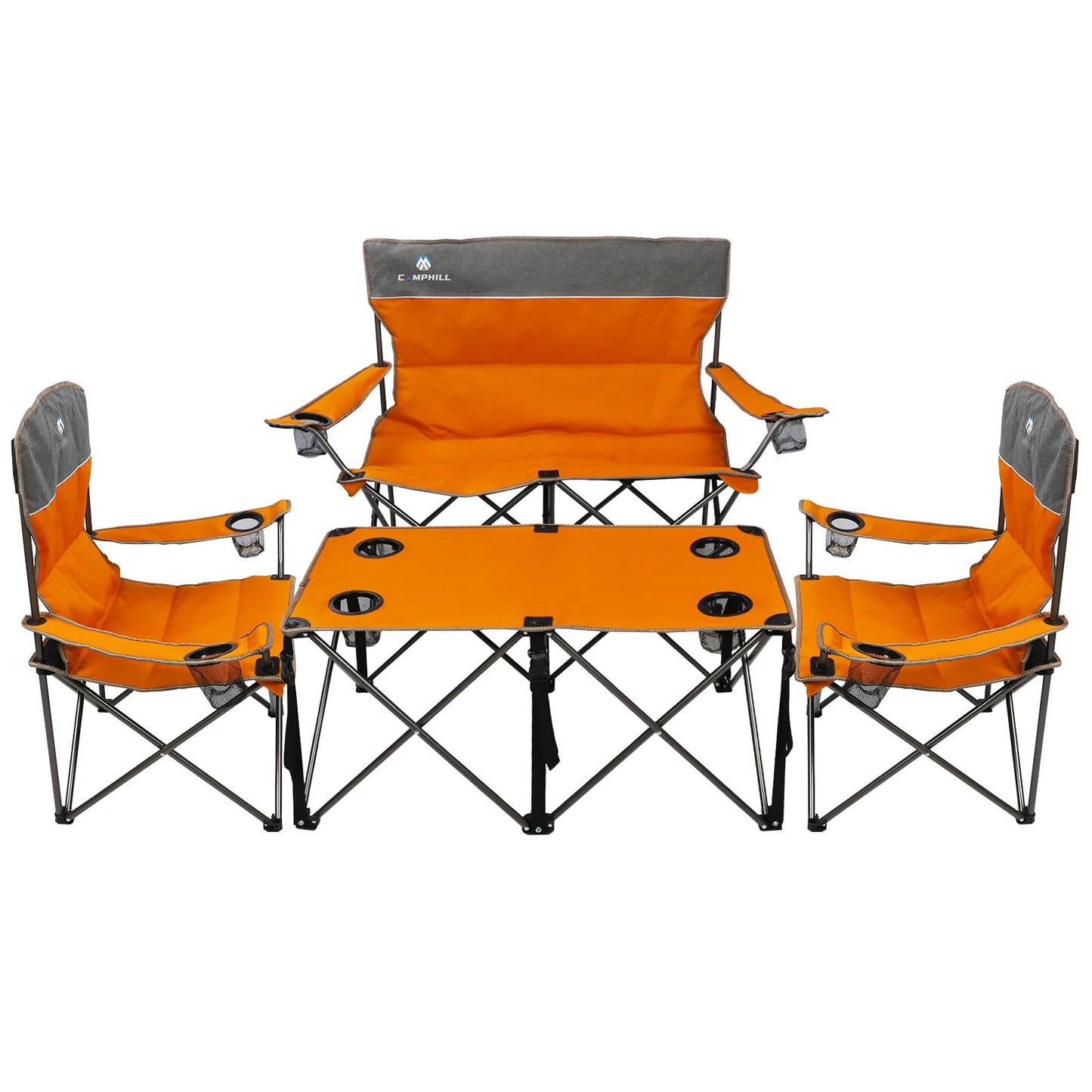 CAMPHILL Camping Set of 4 including Table. Heavy Duty Outdoor Folding Chairs with Cup Holder. Collapsible, Includes One Sofa & Two Single Chairs, Plus Camping Table