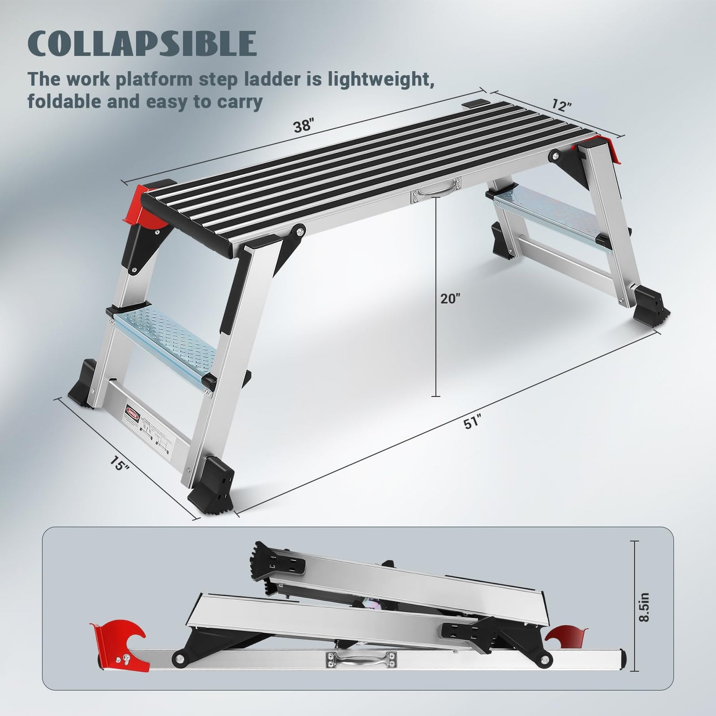 Work Platform, Aluminum Step Ladder, 40"×12"×20" Step Platform Non-Slip, Heavy Duty Folding Work Bench Capacity 330 LBS for Washing Vehicles, Cleaning, Painting, Decorating