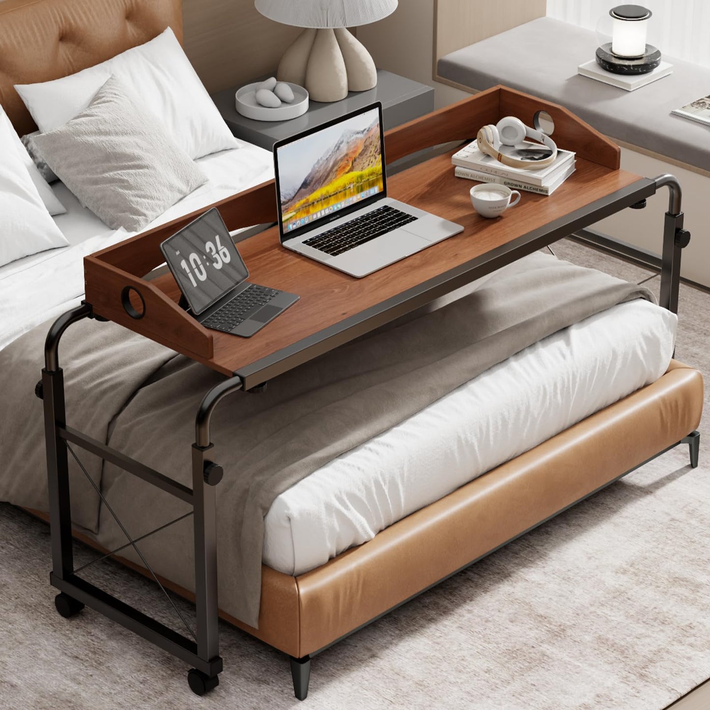 BYMECOST Laptop Desk for Bed, Adjustable Height & Length Laptop Bed Table,Overbed Table with Wheels for Queen Size Beds,Rolling Standing Desk,Over Bed Table for Working Reading Eating