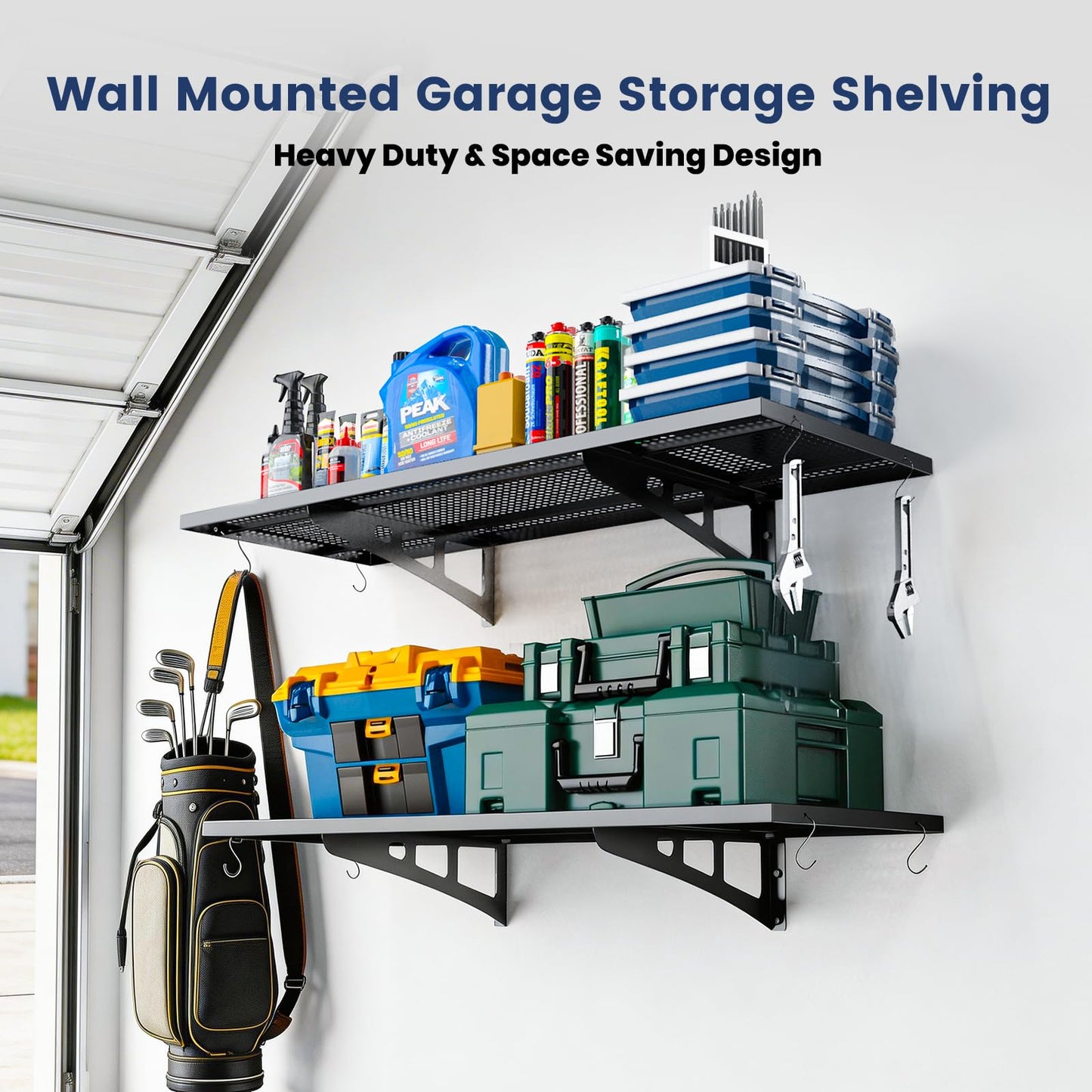 ZUCIRE 2-Pack Garage Wall Shelving, 1.5 x 4 FT Heavy Duty Wall Mounted Garage Storage Shelves, 500 lbs Capacity Metal Garage Rack with 8 Hooks, Hanging Storage Shelf for Tools, Bins and Equipment