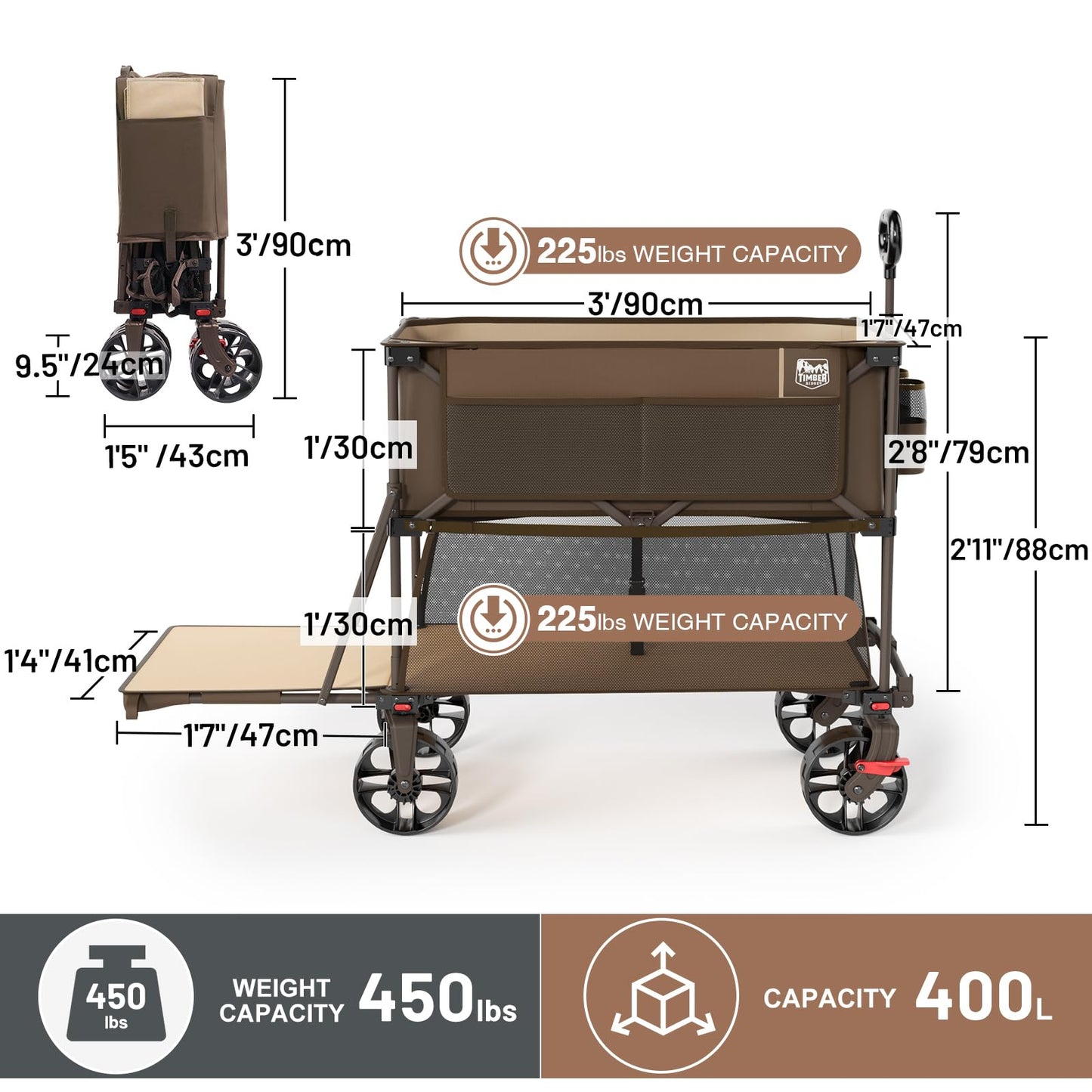 TIMBER RIDGE 400L Large Capacity Folding Double Decker Wagon with Brakes, 54" Extra Long Extender Wagon Cart, 450lbs Heavy Duty Collapsible Cart, All-Terrain Big Wheels for Camping, Sports, Shopping