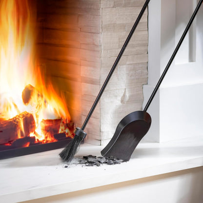 Plow & Hearth 5 Piece Hand Forged Iron Compact Fireplace Tool Set 27.5" | Black Wrought Iron Handle for Outdoor Indoor | Stand Poker Shovel Brush Log Tongs Wood Stove Accessory
