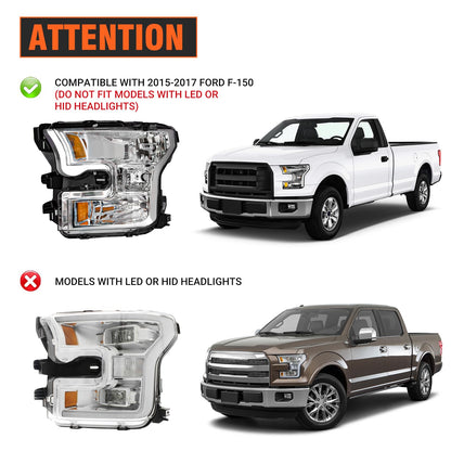 AXLAHA Headlight Assembly for 2015 2016 2017 Ford F150 with Chrome Housing Amber Reflector Driver and Passenger Side (Not compatible on models with LED or HID headlights)