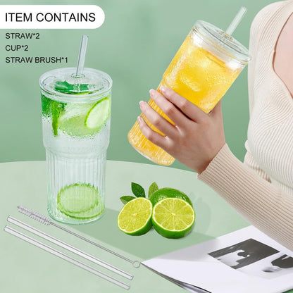 Luiaiog Glass Cups with Lids and Glass Straws, High Borosilicate 20OZ Tumblers (2Pcs) for Coffee, Tea, Juice, Smoothies, Hot/Cold Drinks at Home, Office（Creative Drink Label Design）
