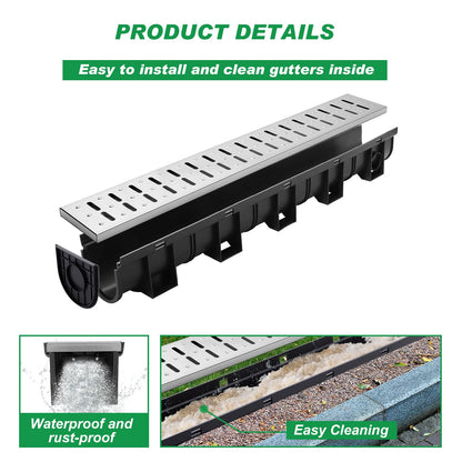 Amylove 3 Set Black Driveway Channel Drain with Stainless Steel Grate and Plastic End Caps 39.4 x 5.9 x 5.1 Inches, Outdoor Garage Floor Drainage Trench Systems for Lawn Landscaped Garden Pool