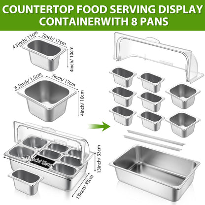 Ziliny Countertop Food Serving Display Container and Clear Roll Top Cover Stainless Steel Food Serving Tray Buffet Condiment Dispenser Display Rack for Restaurant Hotel Kitchen Party (8 Pan)
