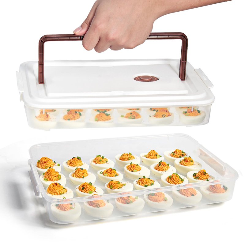 77L Deviled Egg Containers with Lid (Set of 2), Plastic Deviled Egg Tray Carrier with Handle for 48 Eggs, Clear Storage Egg Platter for Deviled Eggs, Easter Party Fridge Stackable Portable Egg Holder