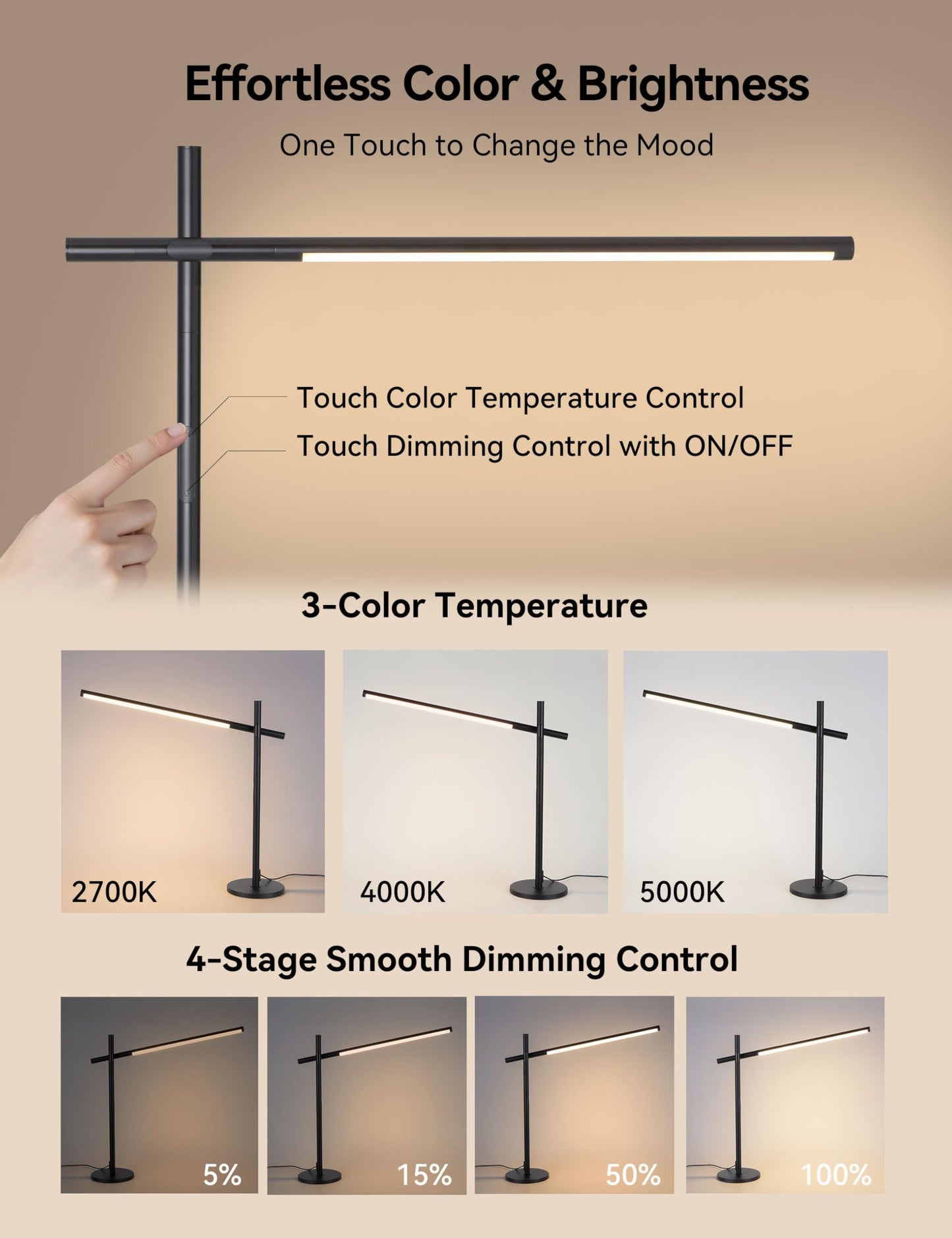 Tubicen Rotatable Desk Lamp 360° Adjustable Arm/Head 3 Colors 4- Level Touch Dimmable Plug-in Task Lamp Black 15W LED Modern Sleek Metal Desk Lamp for Bedroom Office Reading Studying