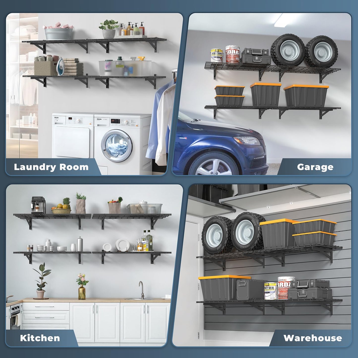 Jusgym 4 Pack Heavy Duty Garage Wall Shelving Set (1.5x4ft), Wall Mounted Garage Shelves 1400lbs Capacity, 2 Pack Garage Shelving Wall Mount (1x4ft), Tool Organizer with 4 Hooks, 700 lbs Capacity