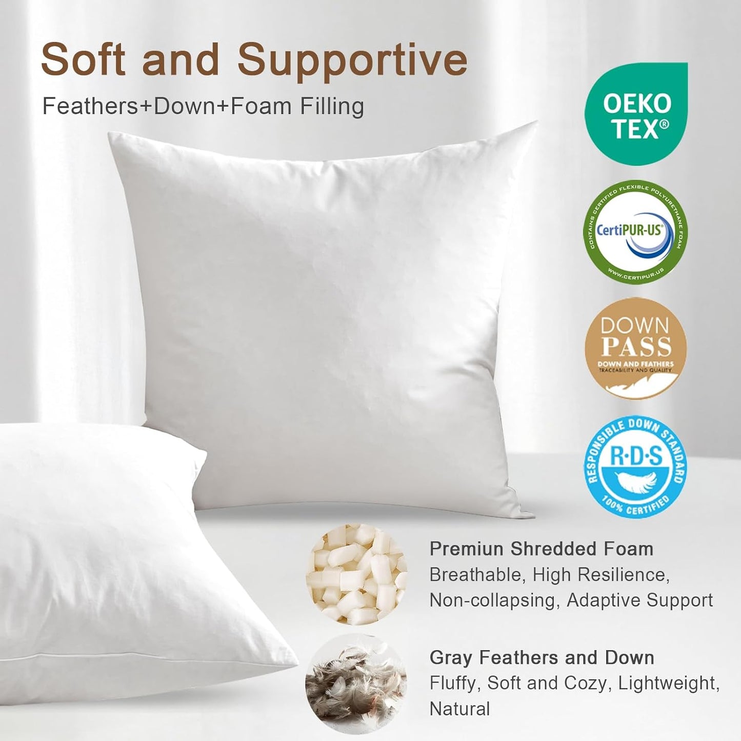 Organic Feather Down Lumbar Pillow Inserts - 100% Cotton Shell, Set of 2 (14x22 Inch) | Perfect for Couch, Sofa, and Bed