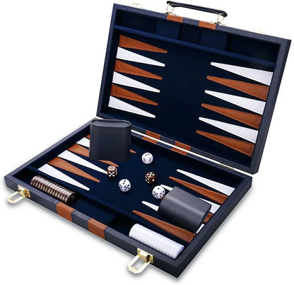 Backgammon Set - Classic Board Game with Premium Leather Case - Portable Travel Strategy Backgammon Game Set for Adults Kids - Suitable as (11inch Navy)