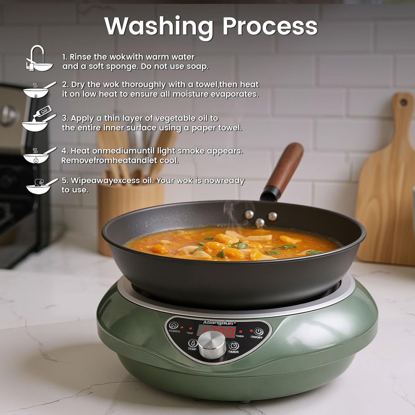ABangDun 1700W Concave Induction Wok Cooktop,9.25-Inch Coi,Non-Pulse Continuous Heating, Professional Countertop Wok Burner Stove for Stir Fry Cooking