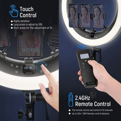 NEEWER Ring Light RP19H 19 Inch with Tripod Stand 3 Phone Holders Compatible with iPhone, Upgraded 2.4G Touch Control Ringlight for Video Recording Streaming Home Office Zoom Selfie Makeup Lighting