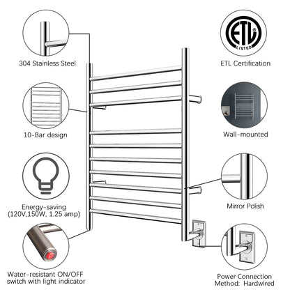 HEATGENE Towel Warmer Wall-Mounted Hardwired Heated Towel Rack Hot Towel Bar Brushed
