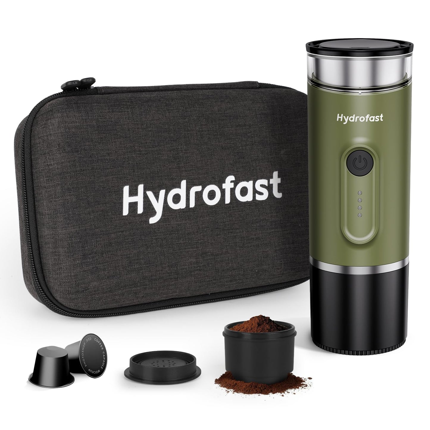 Hydrofast Portable Electric Espresso Machine, Self-Heating Travel Coffee Maker with 7800mAh Battery, USB-C Rechargeable, Compatible with Ground Coffee & Capsules, Maker for Camping, Office, Car