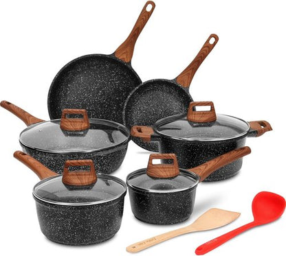 ESLITE LIFE Nonstick Cookware Set - 12 Pcs Granite Coating Pots & Pans | PFOA Free, Black, All Stovetops Compatible