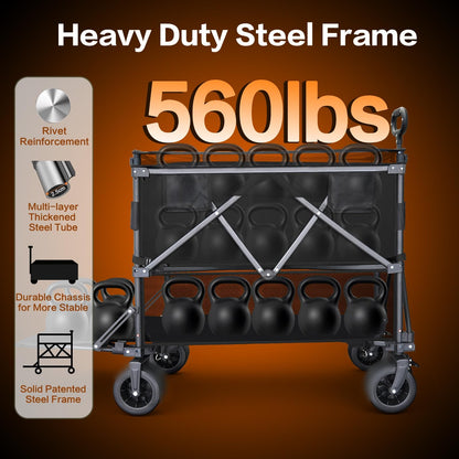 Double Decker Wagon with Retractable Mesh & Tailgate - 560Lbs Load Heavy Duty Foldable Collapsible Wagon Cart with Wheels for Camping, Beach, Groceries, Sports (Black)