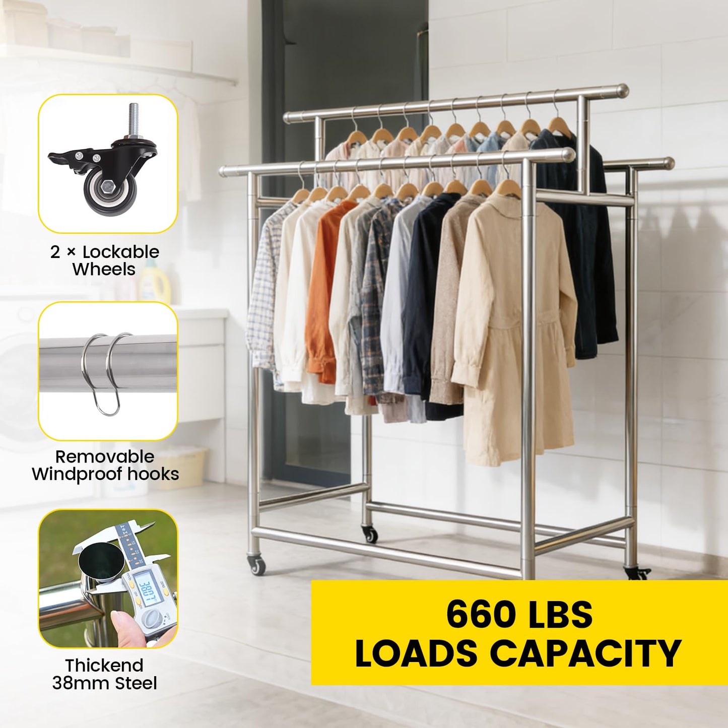 DEGEDUN Heavy Duty Clothes Rack Load 660LBS, Portable& Adjustable Clothes Rack with Wheels Garment Rack, Lockable Rolling Wheels, for Bedroom and Laundry Room