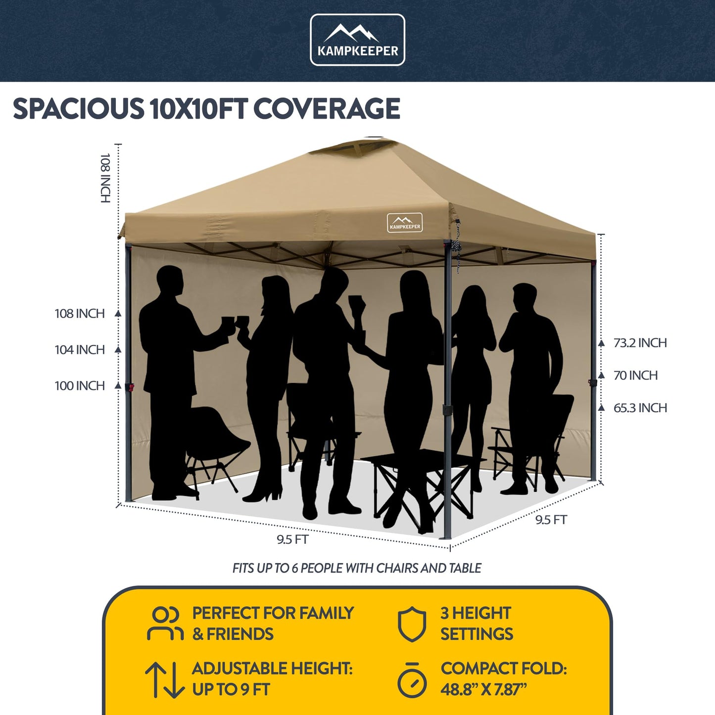 KAMPKEEPER 10x10 Pop-Up Canopy Tent, Waterproof, Portable Shade with Side Walls, Adjustable Instant Outdoor Shelter for Camping, Backyard, and Events, Khaki