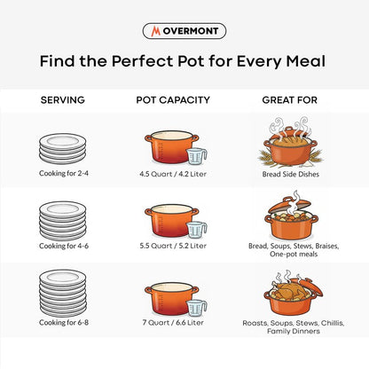 Overmont Enameled Cast Iron Dutch Oven - 5.5QT Pot with Lid Cookbook & Cotton Potholders - Heavy-Duty Cookware for Braising, Stews, Roasting, Sourdough Baking Orange