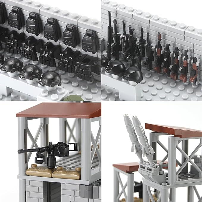 Feleph Military Base Building Bricks Set 389 Pieces Armory Defense Guard Tower Guns Army Weapons SWAT Gear Accessories for Soldier Figures Building Block Toy Compatible with Major Brands