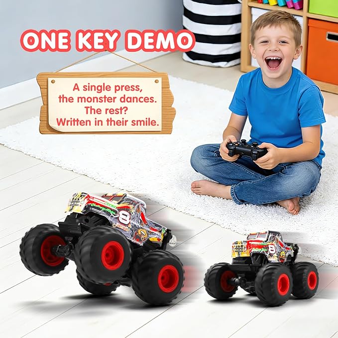 DYODYORC Remote Control Car 2.4Ghz All Terrain Monster Truck Toys RC Truck with Music 3 Lighting Effects 360 Stunt Capable 2 Batteries Ready to Run Toy Gifts for Boys and Girls (Red)