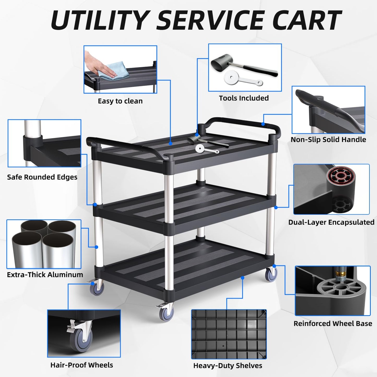 Utility Cart with Tangle-Free Wheels, Large Size 3 Tier Rolling Service Cart with Wheels(2 with Brakes), Heavy Duty 450 Lbs Capacity,Commercial Serving Cart for Home, Office, Restaurant, Warehouse.