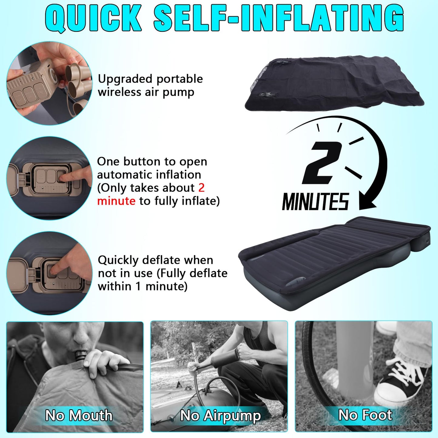 JESTMOTOR Camping Pickup Truck Bed Air Mattress, 5.5-6.5FT Full Size Thickened Self Inflating Outdoor Truck Bed Mattress, with Built-in USB Rechargeable Pump and 2 Pillows (84"x57"x10")