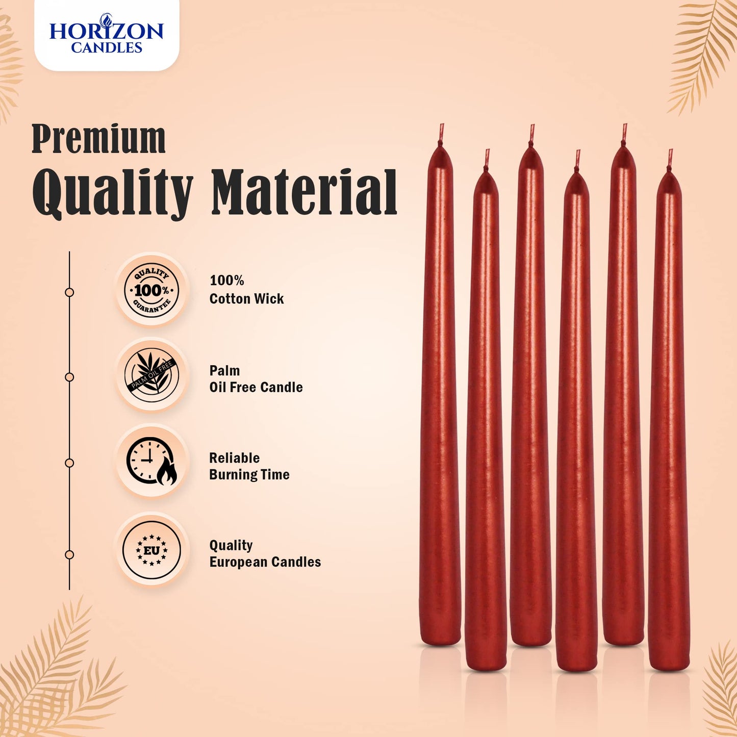 Horizon Unscented 10-Piece Taper Candle Set – 9 Hours Burning Time Smokeless & Dripless Candles for Centerpieces at Wedding, Holiday Dinners, Festive Parties and Home Decor - Metallic Red