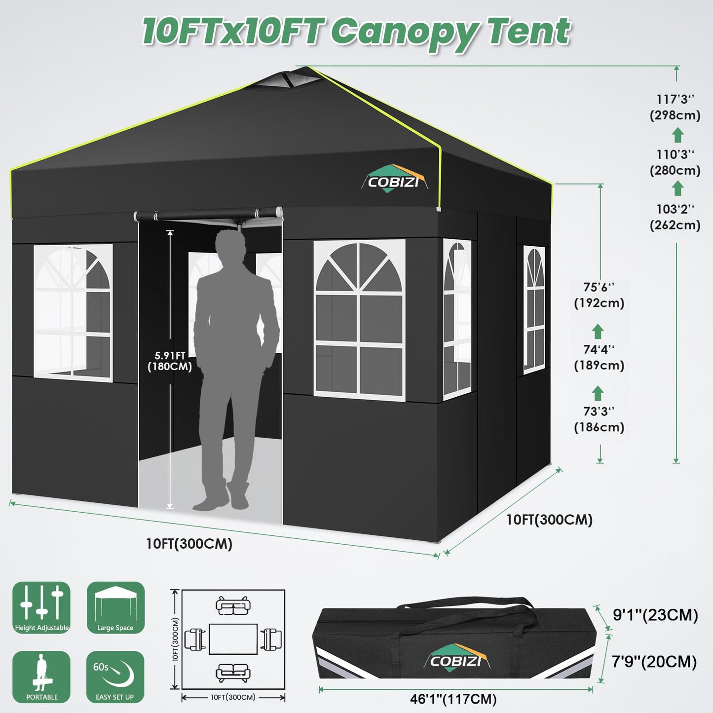 COBIZI 10x10 Pop Up Canopy Tent with 4 Removable Sidewalls, One Push Party Tent Outdoor Waterproof Event Canopy with Air Vent for Parties Commercial Wedding, 3 Height, Carry Bag, Sandbag, Black