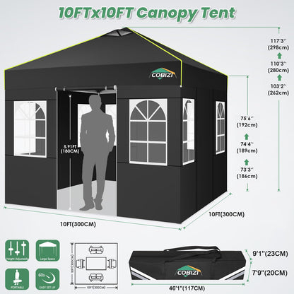 COBIZI 10x10 Pop Up Canopy Tent with 4 Removable Sidewalls, One Push Party Tent Outdoor Waterproof Event Canopy with Air Vent for Parties Commercial Wedding, 3 Height, Carry Bag, Sandbag, Black