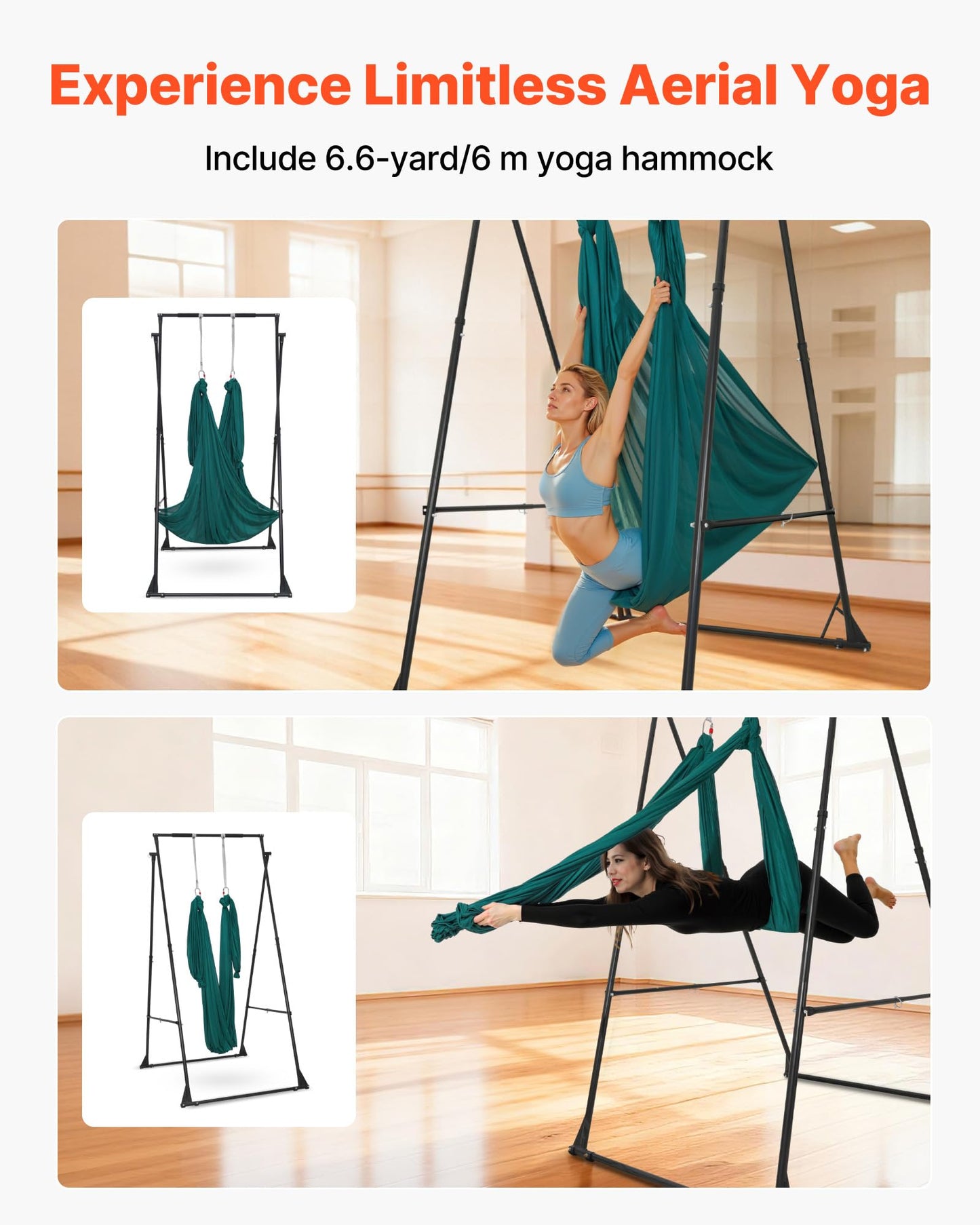 VEVOR Yoga Stand Frame, Max 440.9 lbs Load Swing Stand, Triangular Structure Pull Up Stands, Aerial Silk Stands with EVA Foam & 6.6-Yard Yoga Hammock, 4-Level Horizontal & 6-Level Vertical Adjustment